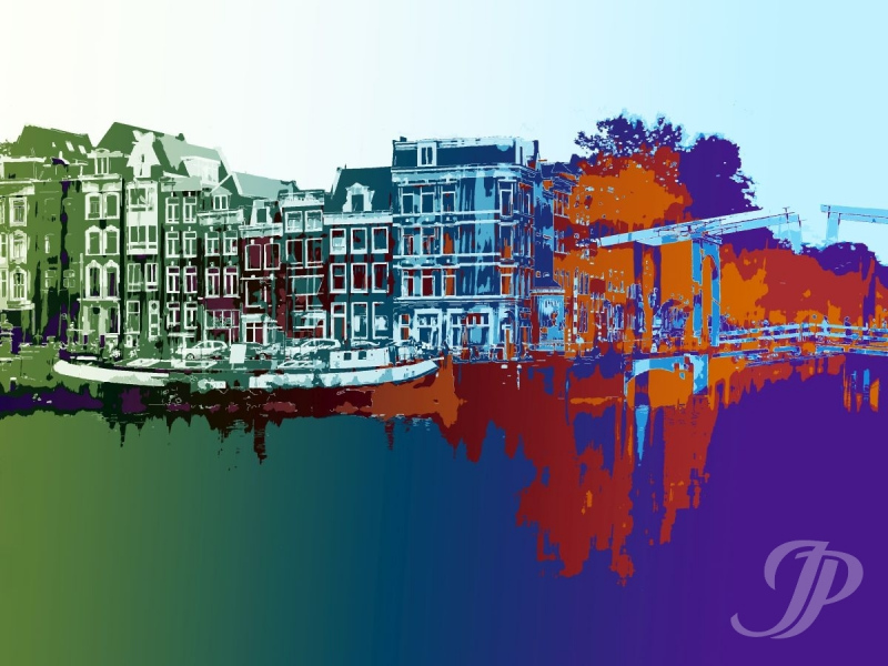 Abstraktes Wandbild Amsterdam – Magere Brug in Blau und Orange
