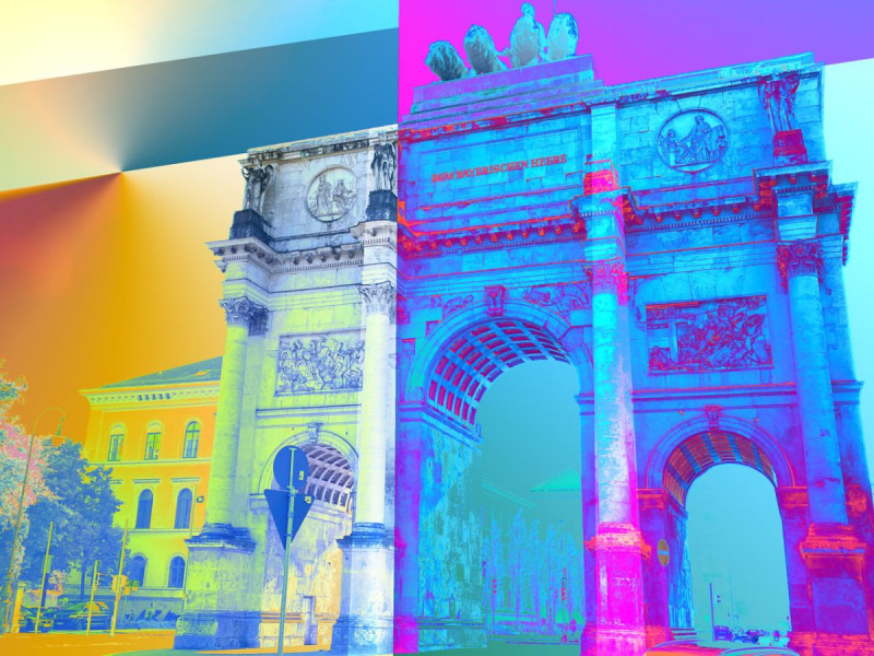 Fotokunst Siegestor München – Blaues abstraktes Wandbild